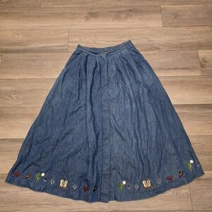 Vtg Skirt The Eagle's Eye Denim Maxi Skirt Western-Themed Embroidery
